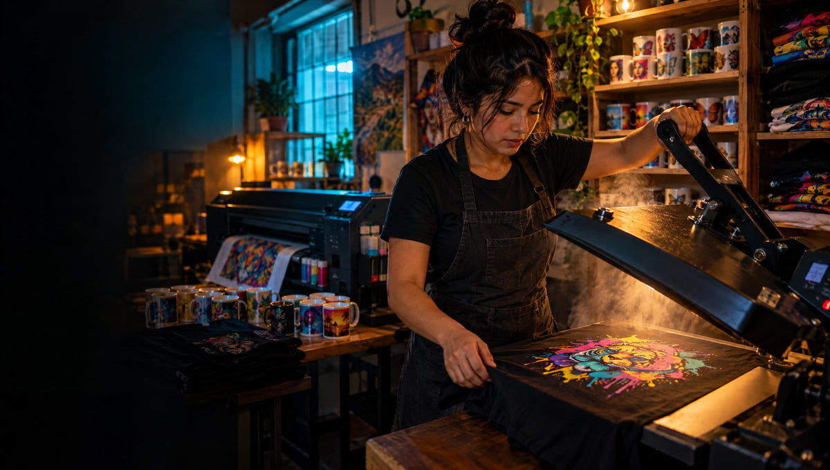 Emprendedora estampando una polera con plancha térmica